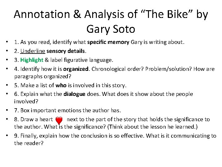 Annotation & Analysis of “The Bike” by Gary Soto • • • 1. As