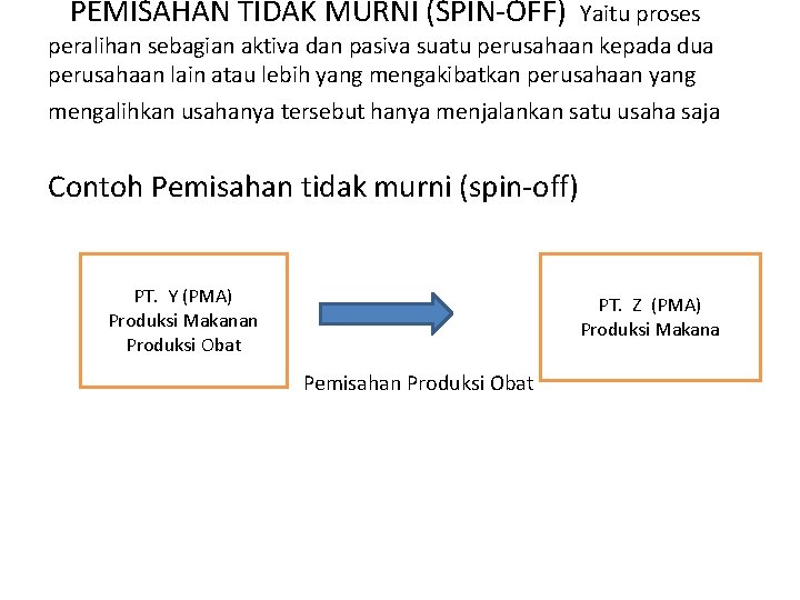 PEMISAHAN TIDAK MURNI (SPIN-OFF) Yaitu proses peralihan sebagian aktiva dan pasiva suatu perusahaan kepada