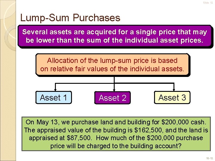 Slide 12 Lump-Sum Purchases Several assets are acquired for a single price that may