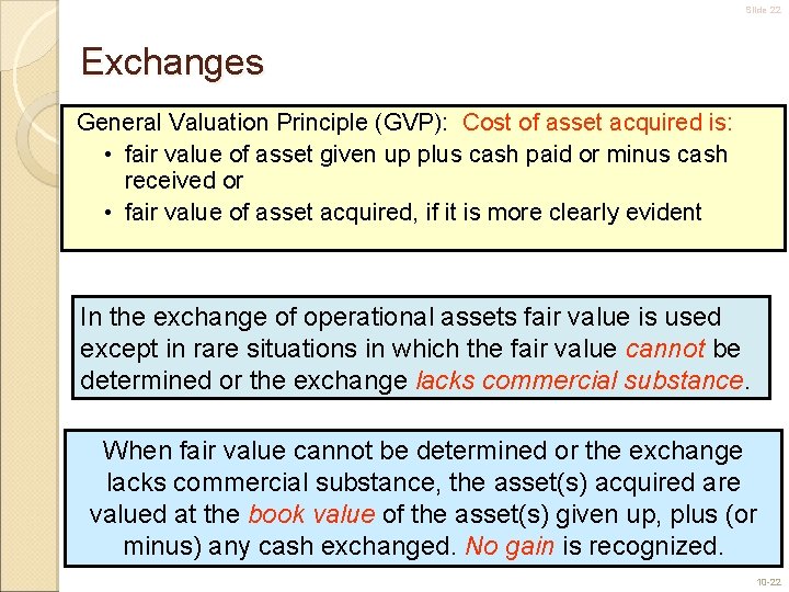 Slide 22 Exchanges General Valuation Principle (GVP): Cost of asset acquired is: • fair