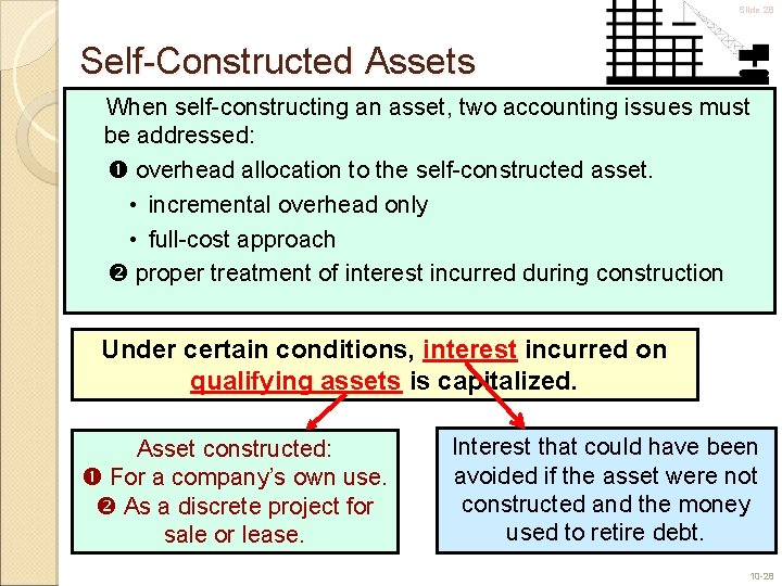 Slide 28 Self-Constructed Assets When self-constructing an asset, two accounting issues must be addressed: