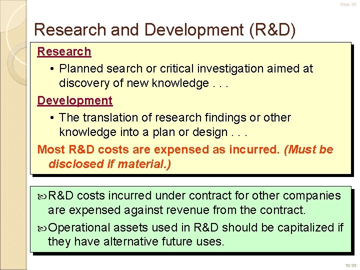 Slide 35 Research and Development (R&D) Research • Planned search or critical investigation aimed