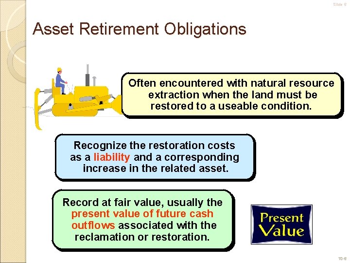 Slide 6 Asset Retirement Obligations Often encountered with natural resource extraction when the land