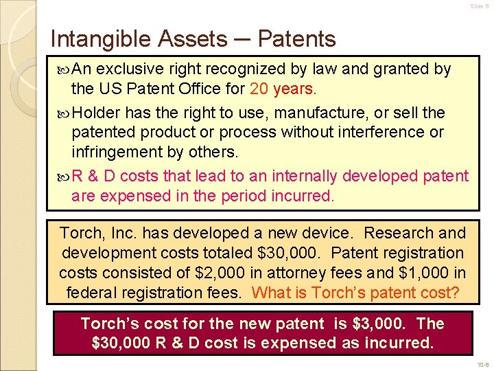 Slide 8 Intangible Assets ─ Patents An exclusive right recognized by law and granted
