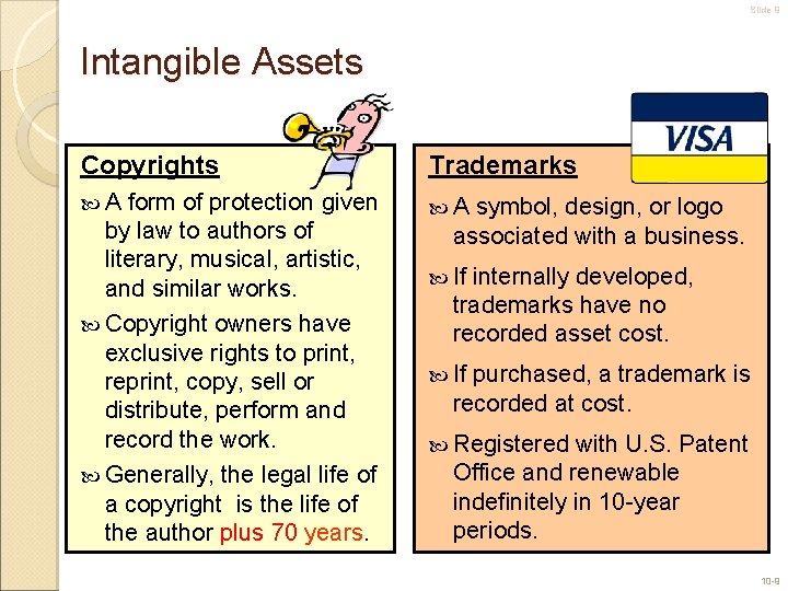 Slide 9 Intangible Assets Copyrights Trademarks A A form of protection given by law