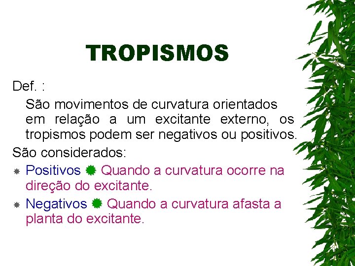 TROPISMOS Def. : São movimentos de curvatura orientados em relação a um excitante externo, TROPISMOS Def. : São movimentos de curvatura orientados em relação a um excitante externo,