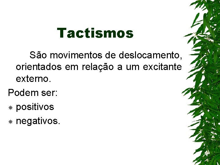 Tactismos São movimentos de deslocamento, orientados em relação a um excitante externo. Podem ser: Tactismos São movimentos de deslocamento, orientados em relação a um excitante externo. Podem ser: