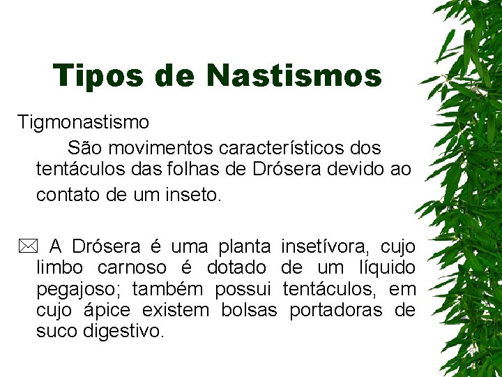 Tipos de Nastismos Tigmonastismo São movimentos característicos dos tentáculos das folhas de Drósera devido Tipos de Nastismos Tigmonastismo São movimentos característicos dos tentáculos das folhas de Drósera devido