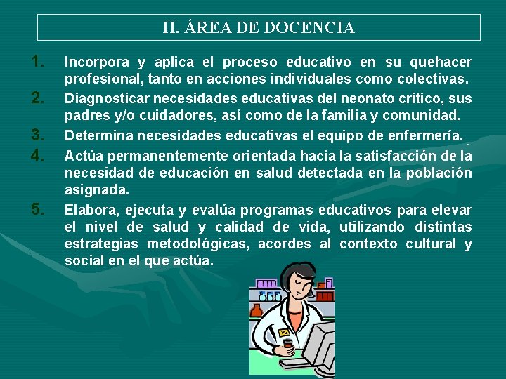 II. ÁREA DE DOCENCIA 1. 2. 3. 4. 5. Incorpora y aplica el proceso