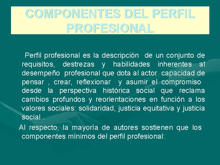 COMPONENTES DEL PERFIL PROFESIONAL Perfil profesional es la descripción de un conjunto de requisitos,