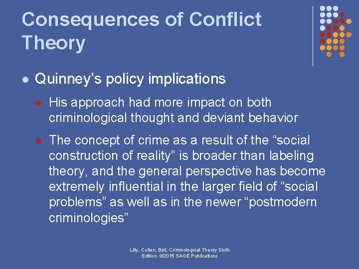 Consequences of Conflict Theory l Quinney’s policy implications l His approach had more impact Consequences of Conflict Theory l Quinney’s policy implications l His approach had more impact