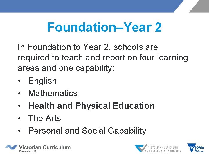 Foundation–Year 2 In Foundation to Year 2, schools are required to teach and report