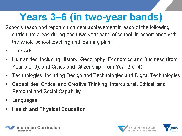 Years 3– 6 (in two-year bands) Schools teach and report on student achievement in