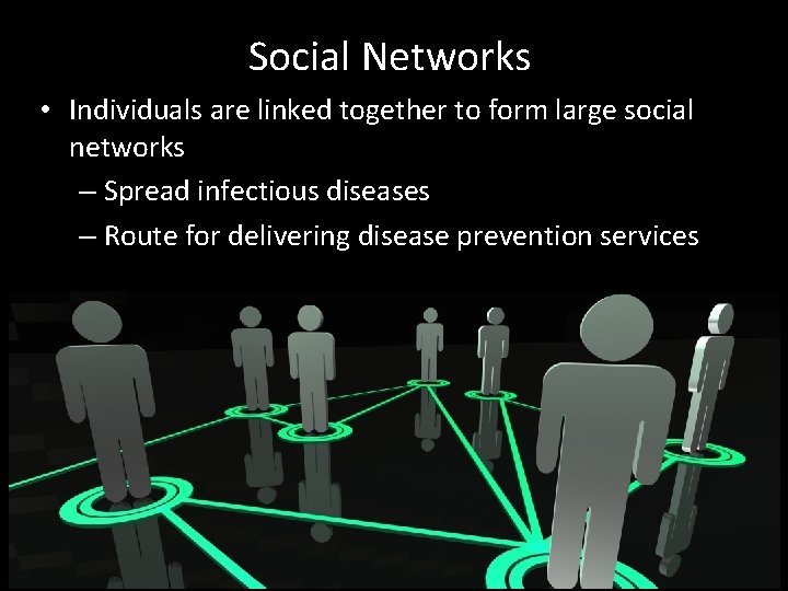 Social Networks • Individuals are linked together to form large social networks – Spread