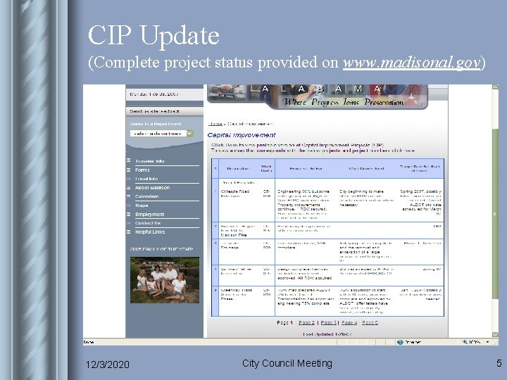 CIP Update (Complete project status provided on www. madisonal. gov) 12/3/2020 City Council Meeting