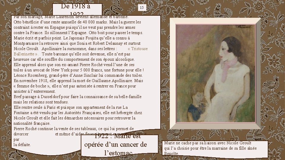 De 1918 à 1922 Par son mariage, Marie Laurencin devient allemande et baronne. 15