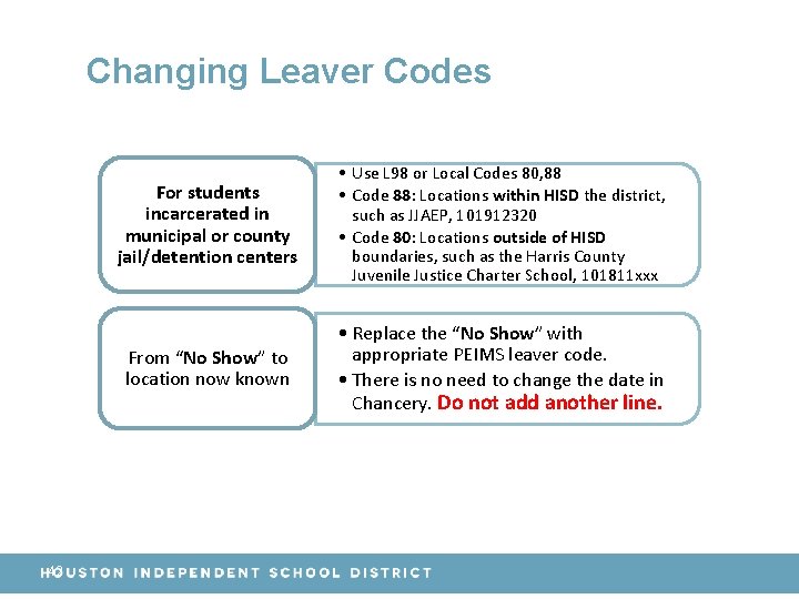 Changing Leaver Codes 42 For students incarcerated in municipal or county jail/detention centers •