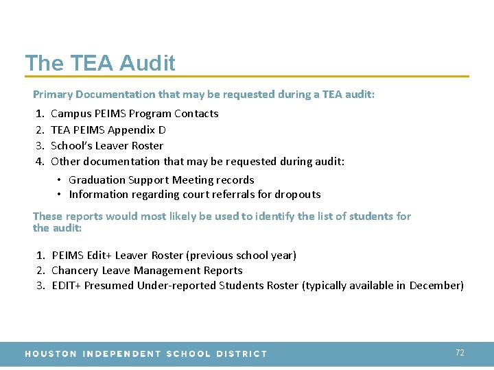 The TEA Audit Primary Documentation that may be requested during a TEA audit: 1.