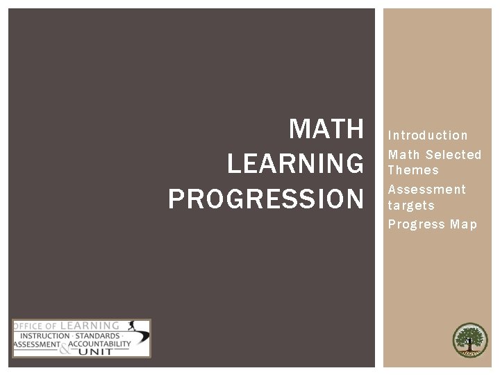 MATH LEARNING PROGRESSION Introduction Math Selected Themes Assessment targets Progress Map 