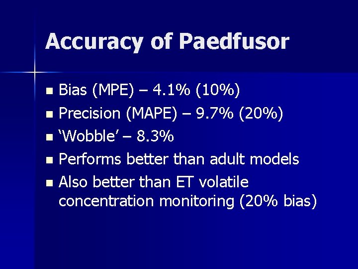 Accuracy of Paedfusor Bias (MPE) – 4. 1% (10%) n Precision (MAPE) – 9.