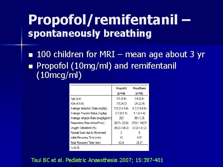 Propofol/remifentanil – spontaneously breathing n n 100 children for MRI – mean age about