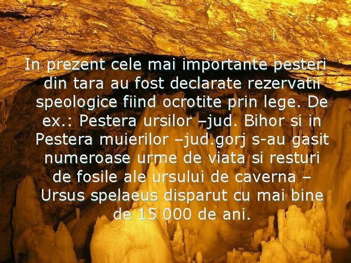 In prezent cele mai importante pesteri din tara au fost declarate rezervatii speologice fiind