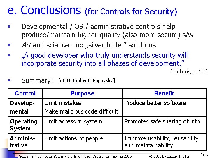 e. Conclusions § § § (for Controls for Security) Developmental / OS / administrative e. Conclusions § § § (for Controls for Security) Developmental / OS / administrative