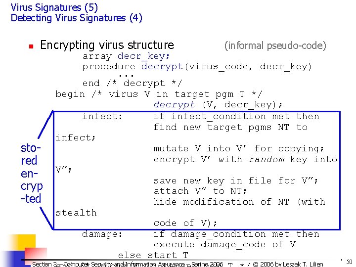 Virus Signatures (5) Detecting Virus Signatures (4) n Encrypting virus structure stored encryp -ted Virus Signatures (5) Detecting Virus Signatures (4) n Encrypting virus structure stored encryp -ted