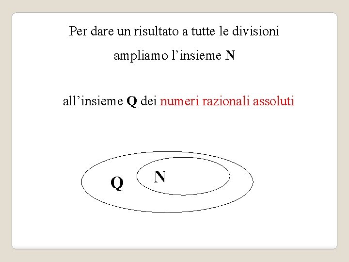 Per dare un risultato a tutte le divisioni ampliamo l’insieme N all’insieme Q dei