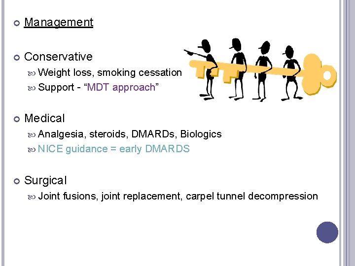  Management Conservative Weight loss, smoking cessation Support - “MDT approach” Medical Analgesia, steroids,