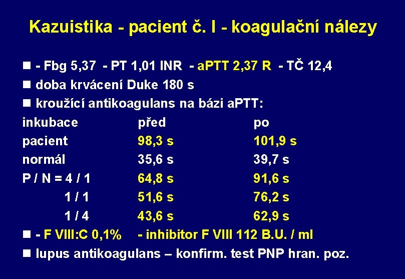 Kazuistika - pacient č. I - koagulační nálezy n - Fbg 5, 37 -