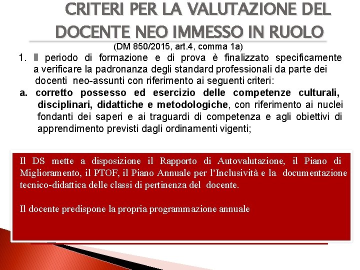 CRITERI PER LA VALUTAZIONE DEL DOCENTE NEO IMMESSO IN RUOLO (DM 850/2015, art. 4,