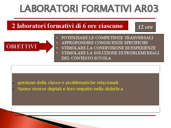 LABORATORI FORMATIVI AR 03 2 laboratori formativi di 6 ore ciascuno OBIETTIVI • •