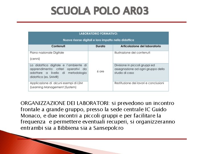 SCUOLA POLO AR 03 ORGANIZZAZIONE DEI LABORATORI: si prevedono un incontro frontale a grande