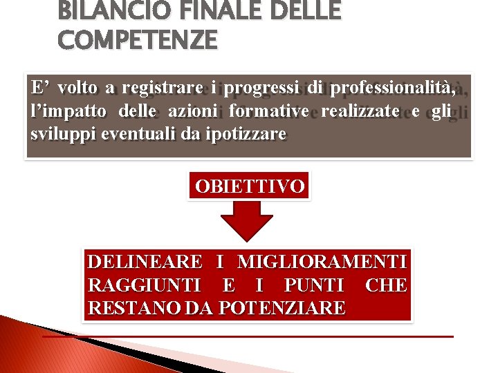BILANCIO FINALE DELLE COMPETENZE E’ volto a registrare i progressi di professionalità, l’impatto delle