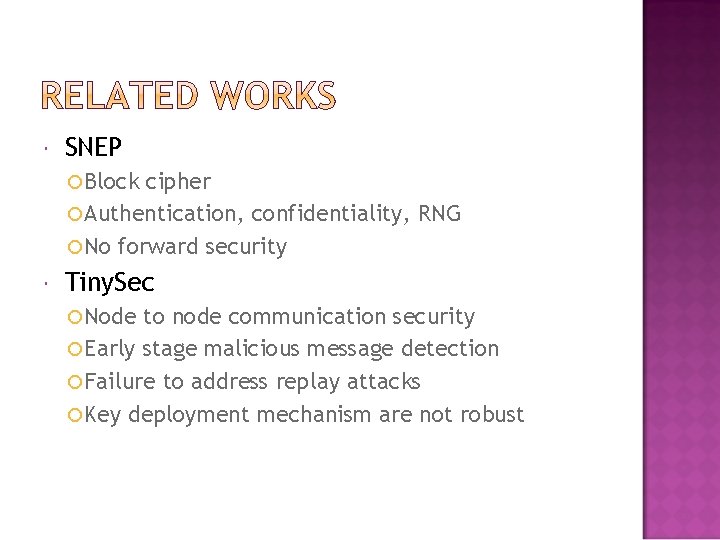  SNEP Block cipher Authentication, confidentiality, RNG No forward security Tiny. Sec Node to