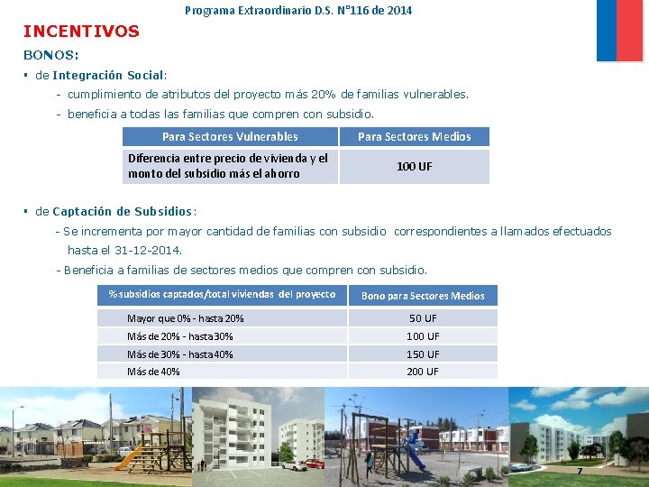 Programa Extraordinario D. S. N° 116 de 2014 INCENTIVOS BONOS: § de Integración Social: