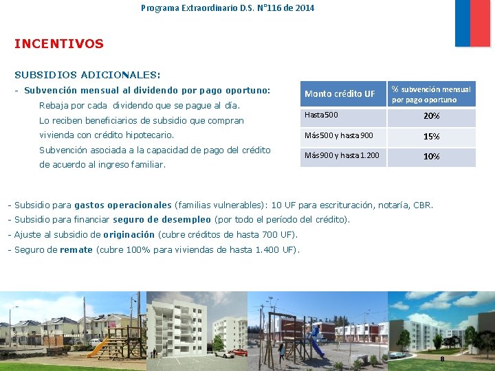 Programa Extraordinario D. S. N° 116 de 2014 INCENTIVOS SUBSIDIOS ADICIONALES: - Subvención mensual