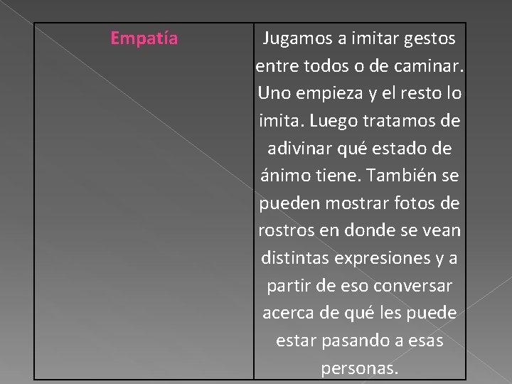 Empatía Jugamos a imitar gestos entre todos o de caminar. Uno empieza y el