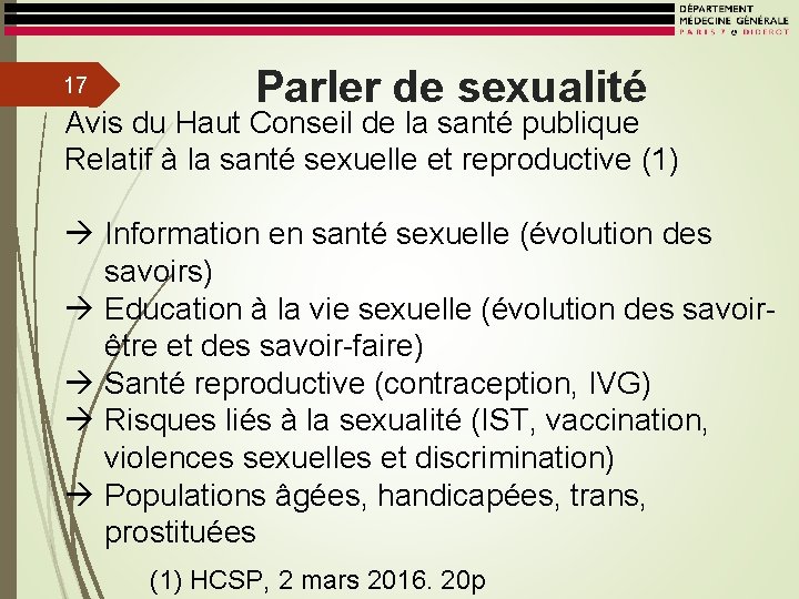 17 Parler de sexualité Avis du Haut Conseil de la santé publique Relatif à