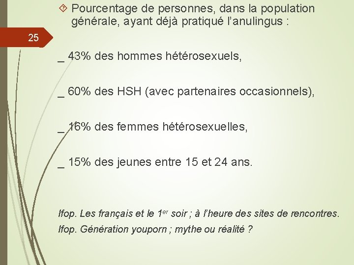  Pourcentage de personnes, dans la population générale, ayant déjà pratiqué l’anulingus : 25