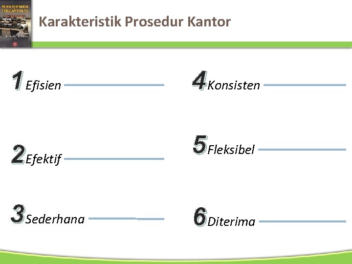 Karakteristik Prosedur Kantor 1 Efisien 4 Konsisten 2 Efektif 5 Fleksibel 3 Sederhana 6