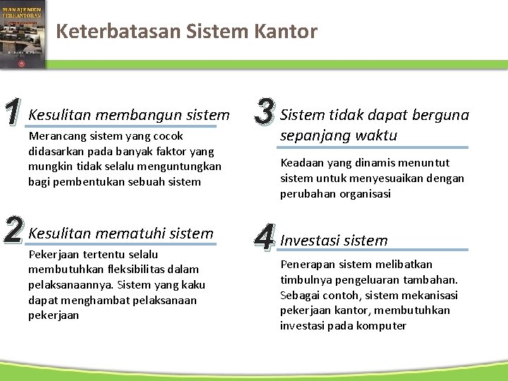 Keterbatasan Sistem Kantor tidak dapat berguna 1 Kesulitan membangun sistem 3 Sistem sepanjang waktu