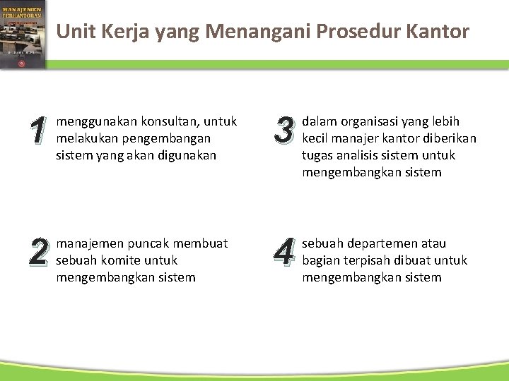 Unit Kerja yang Menangani Prosedur Kantor 1 menggunakan konsultan, untuk melakukan pengembangan sistem yang