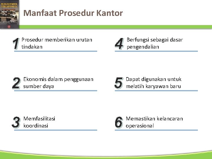 Manfaat Prosedur Kantor 1 Prosedur memberikan urutan tindakan 4 Berfungsi sebagai dasar pengendalian 2