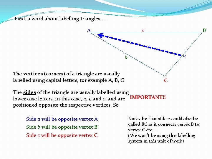 First, a word about labelling triangles…… A c B a b The vertices (corners)