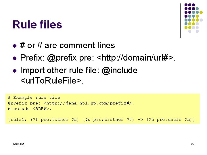 Rule files l l l # or // are comment lines Prefix: @prefix pre: