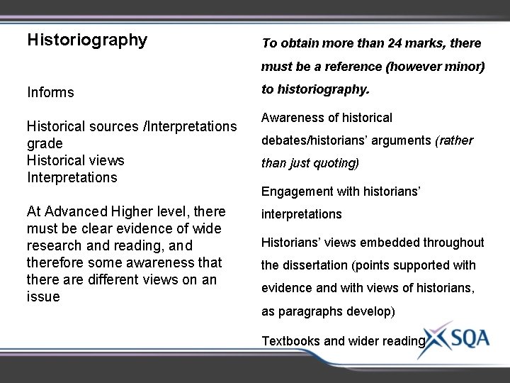 Historiography To obtain more than 24 marks, there must be a reference (however minor) Historiography To obtain more than 24 marks, there must be a reference (however minor)