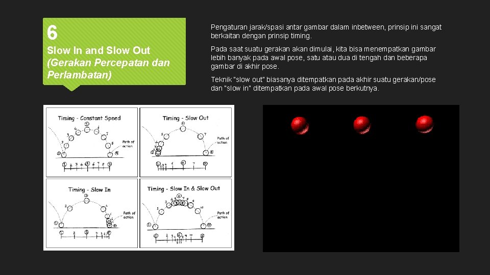 6 Pengaturan jarak/spasi antar gambar dalam inbetween, prinsip ini sangat berkaitan dengan prinsip timing.