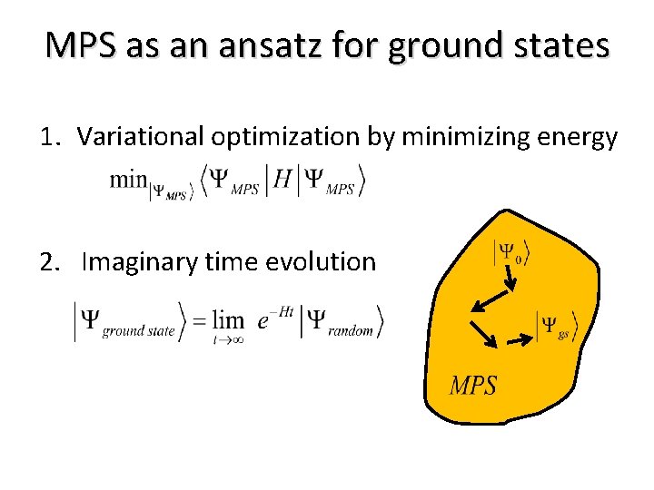 MPS as an ansatz for ground states 1. Variational optimization by minimizing energy 2.